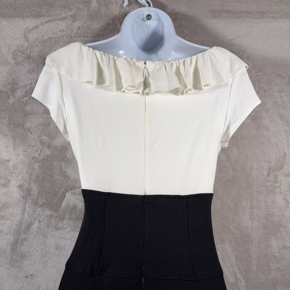 CACHE Dress Womens Size 6 White Black Colorblock‎ Ruffle Sheath Cocktail